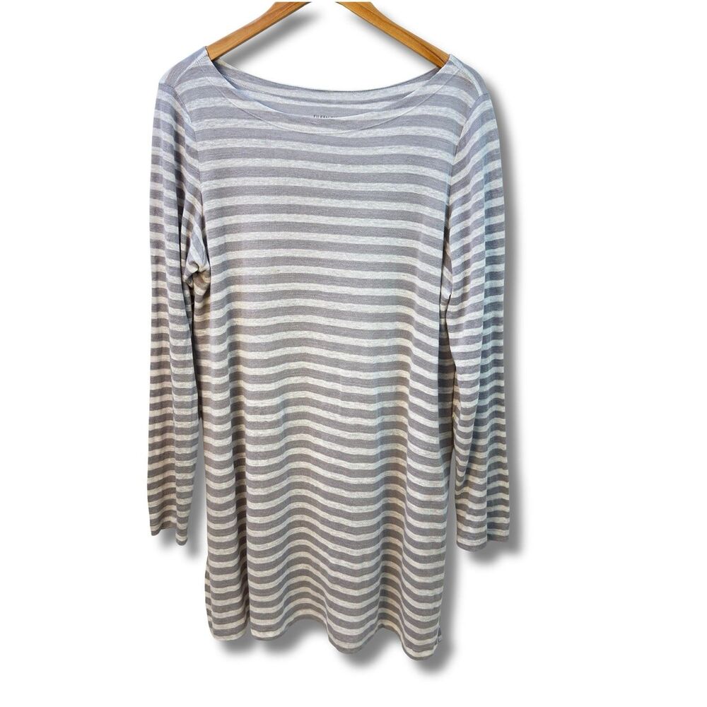 Eileen Fisher Gray White Striped 100% Organic Linen Knit Tunic Top Womens Large